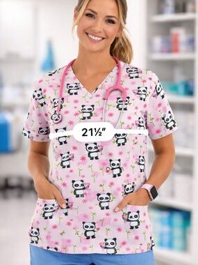 Cherokee Pink Panda Print V-Neck Scrub Top